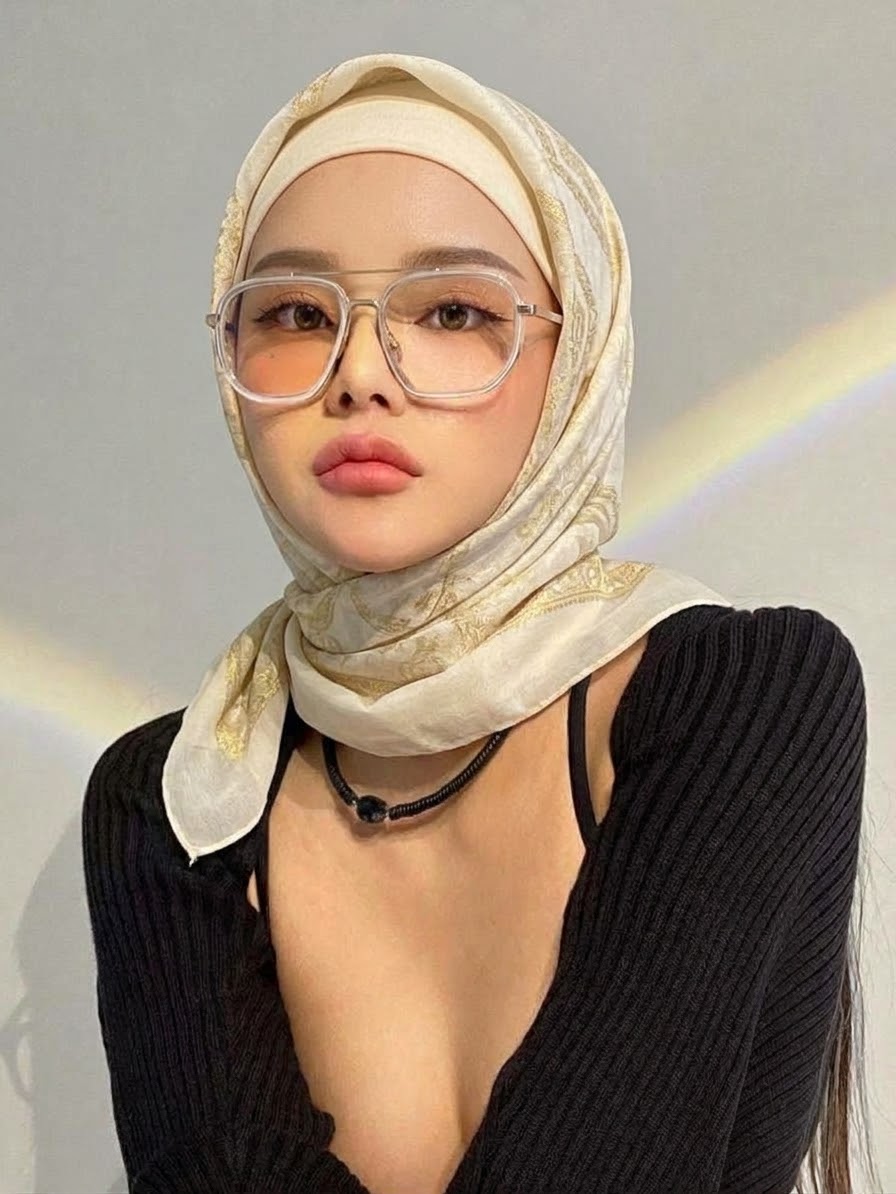 حجاب كريمي منقوش ونظارة بإطار معدني وبلوزة سوداء أمام جدار مضاء بألوان الطيف.