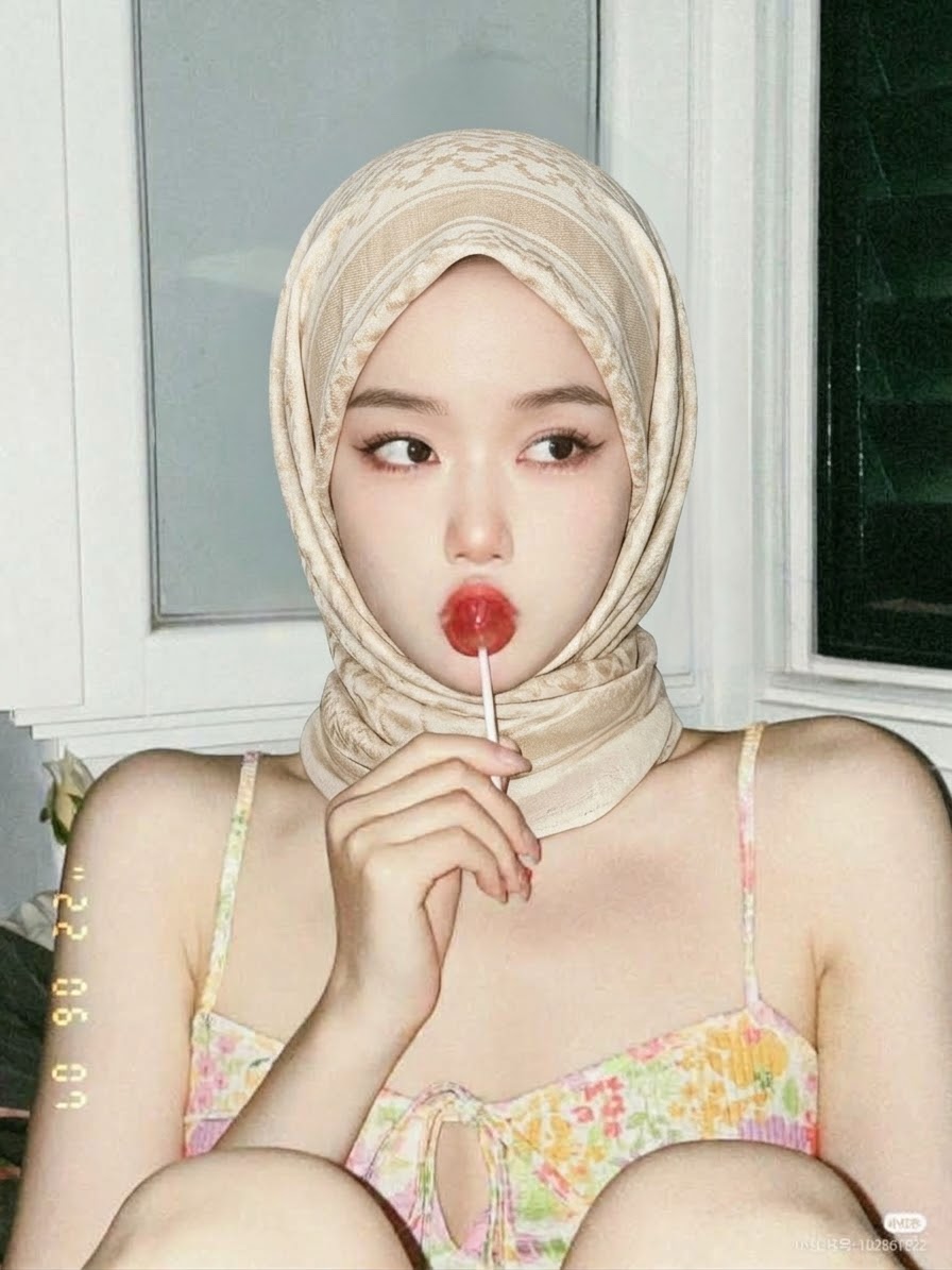 Portrait with a beige headscarf and lollipop.