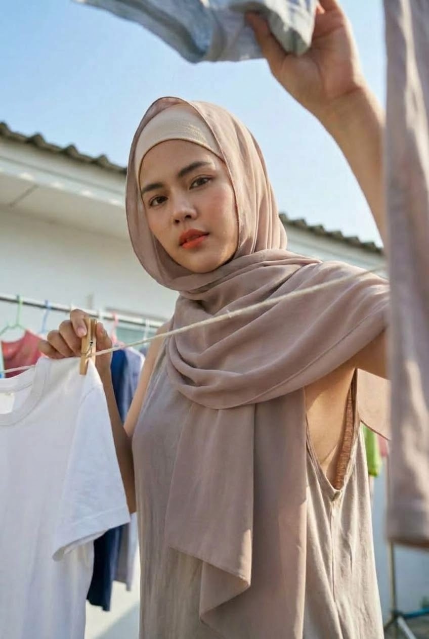 Portrait with a beige headscarf and gray top.