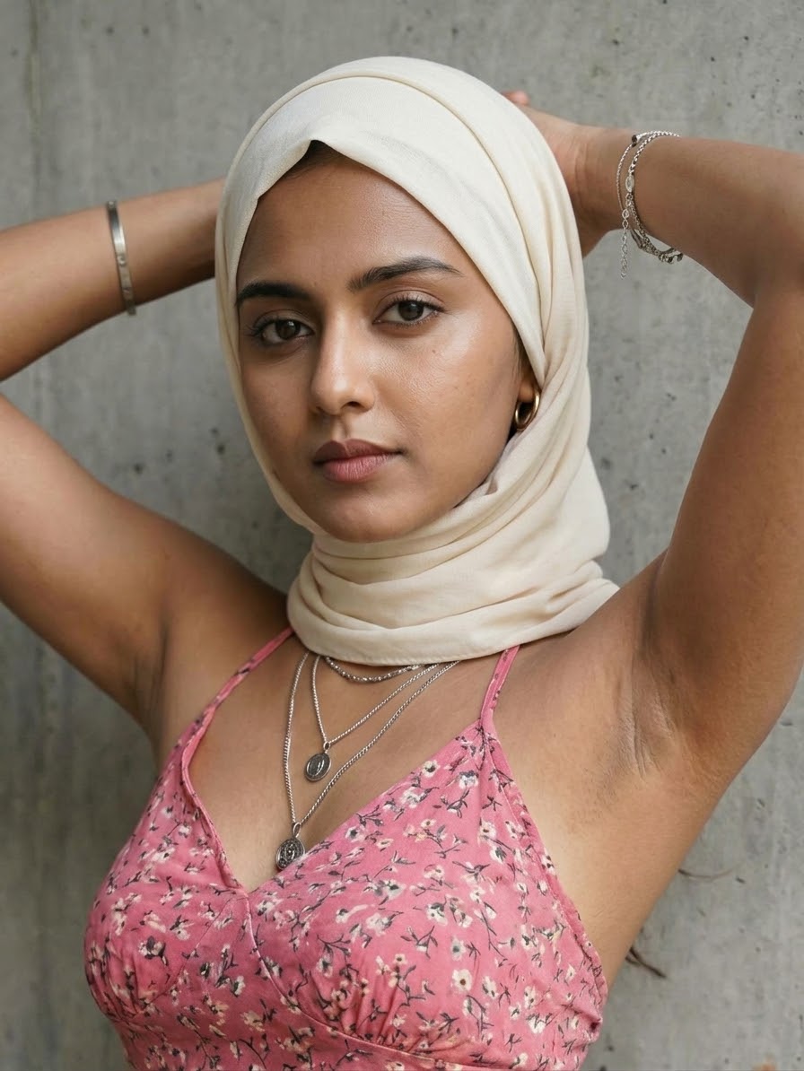 Portrait with a beige headscarf and pink top.