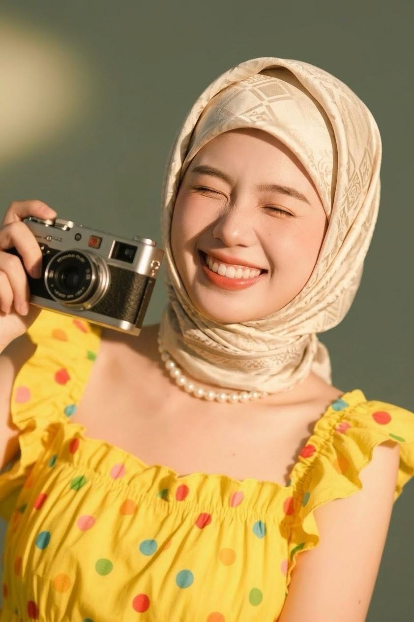 حجاب كريمي منقوش وعقد لؤلؤ وفستان أصفر مطبوع بحمالات مكشكشة في صورة مع كاميرا.