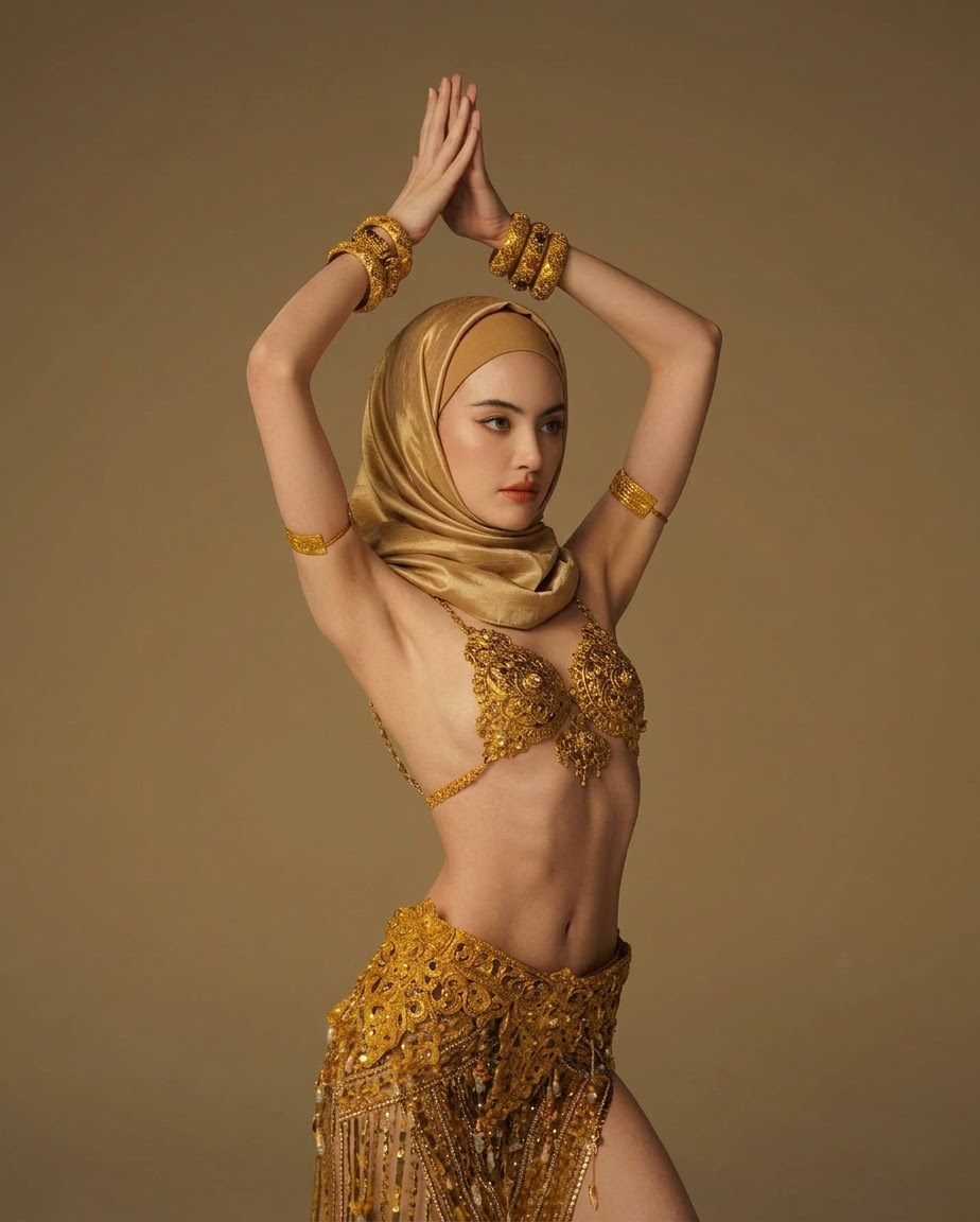 Portrait with a beige headscarf and gold outfit.