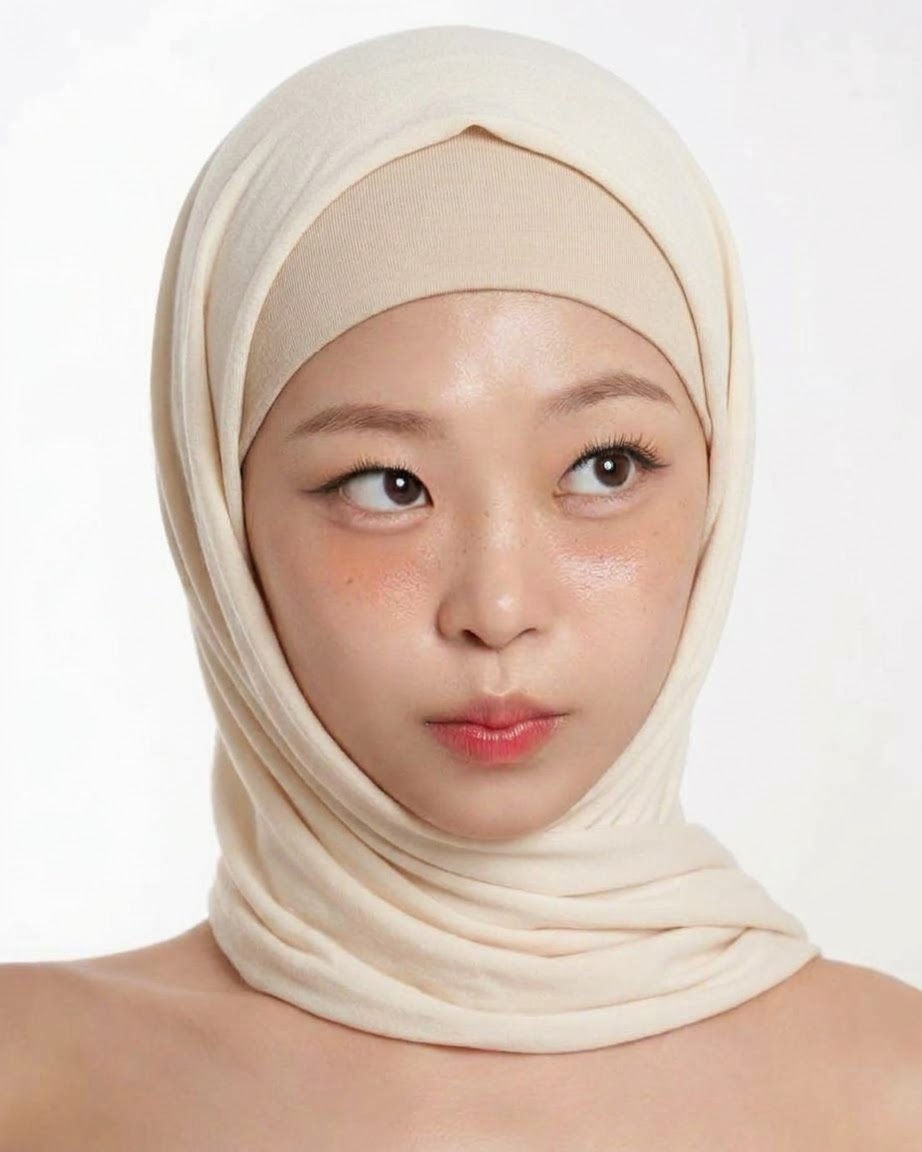 صورة بحجاب بيج مع خلفية هادئة.