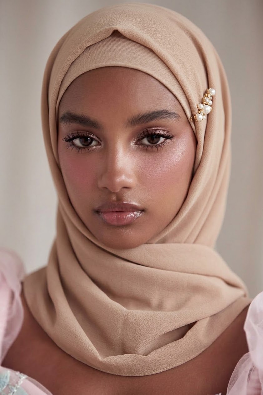 Portrait with a beige headscarf and pearl hair accessory.