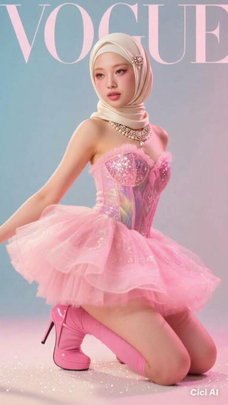 Portrait with a beige headscarf and pink dress.