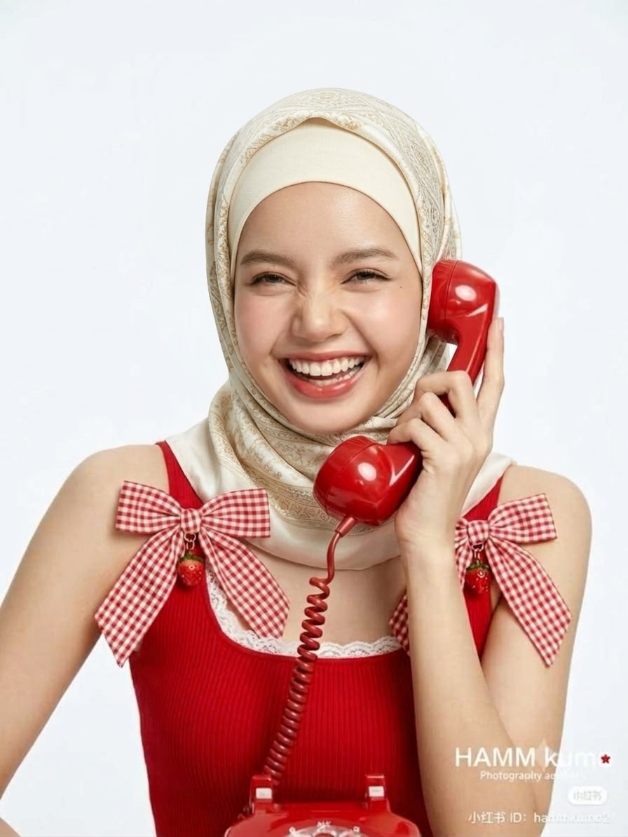 صورة بحجاب بيج مع هاتف أحمر.