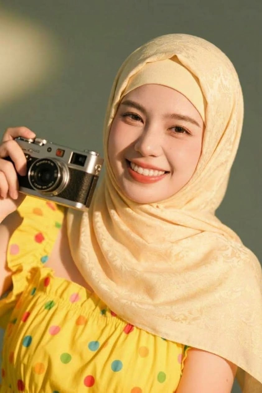 Portrait with a beige headscarf and yellow floral dress.