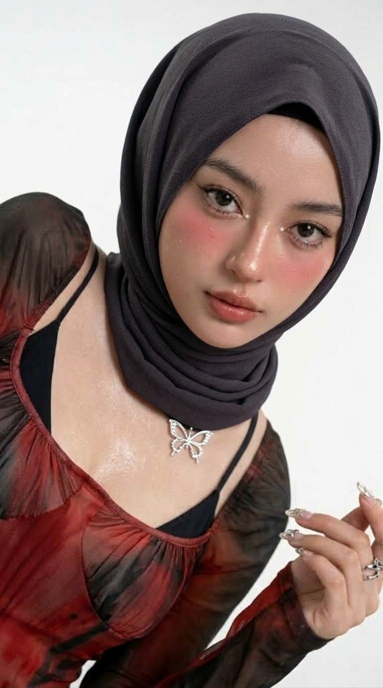 Portrait with a black headscarf and red outfit.