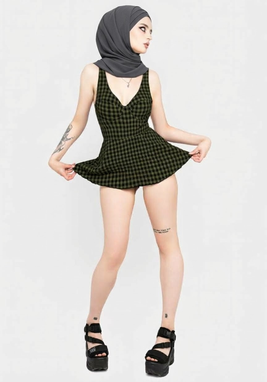 Portrait with a black headscarf and black dress.