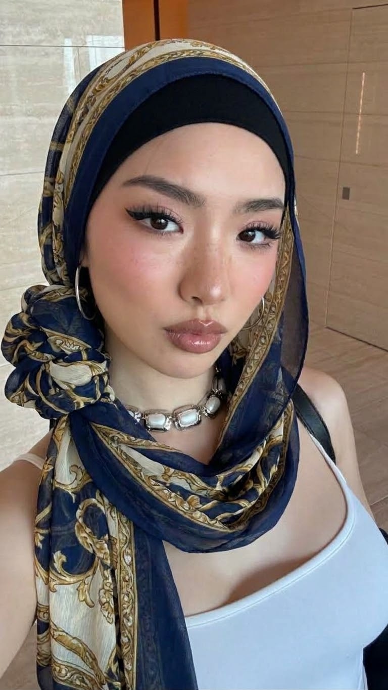 Portrait with a blue headscarf and white top.