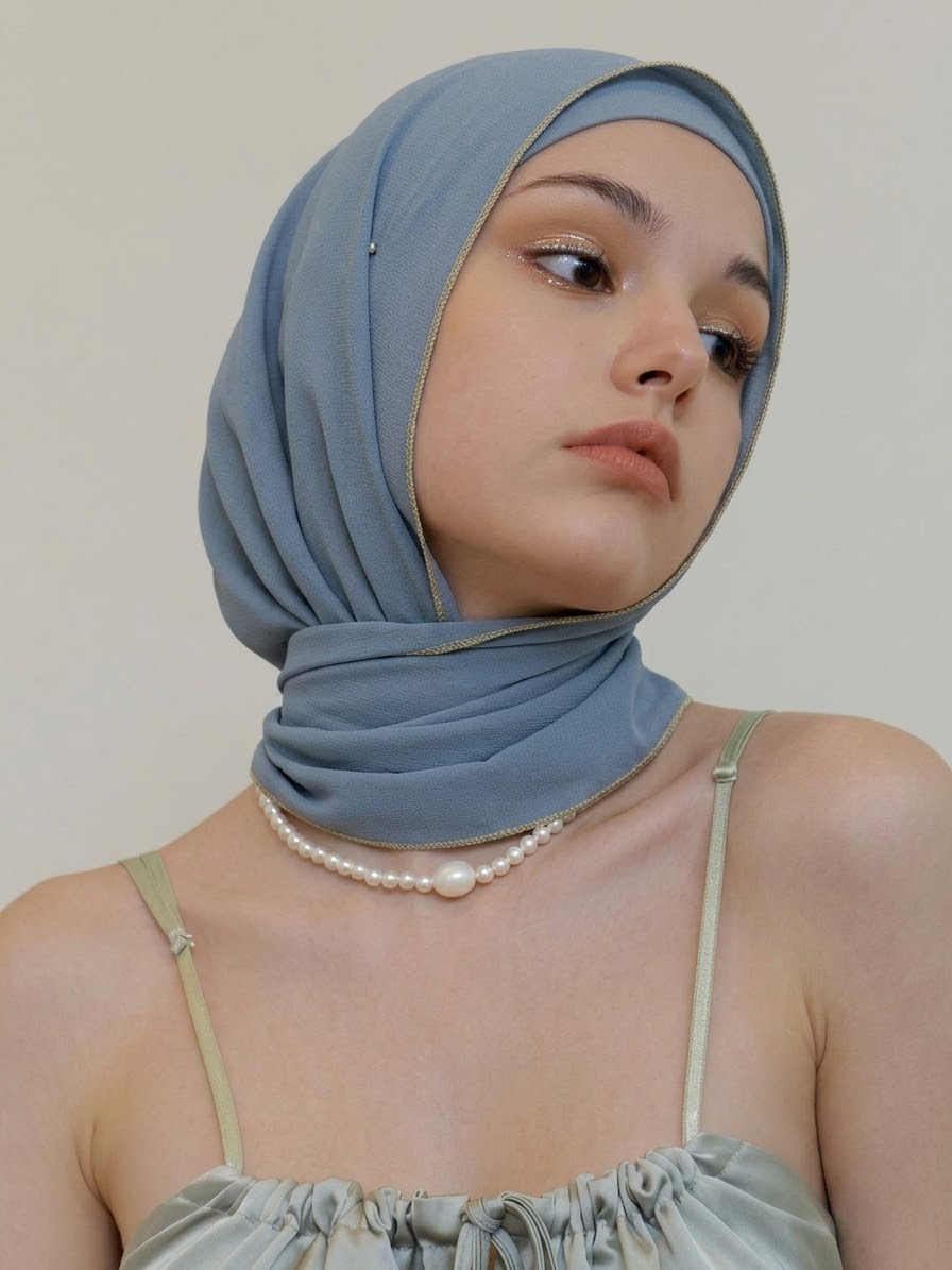 صورة بحجاب أزرق مع بلوزة بيضاء.