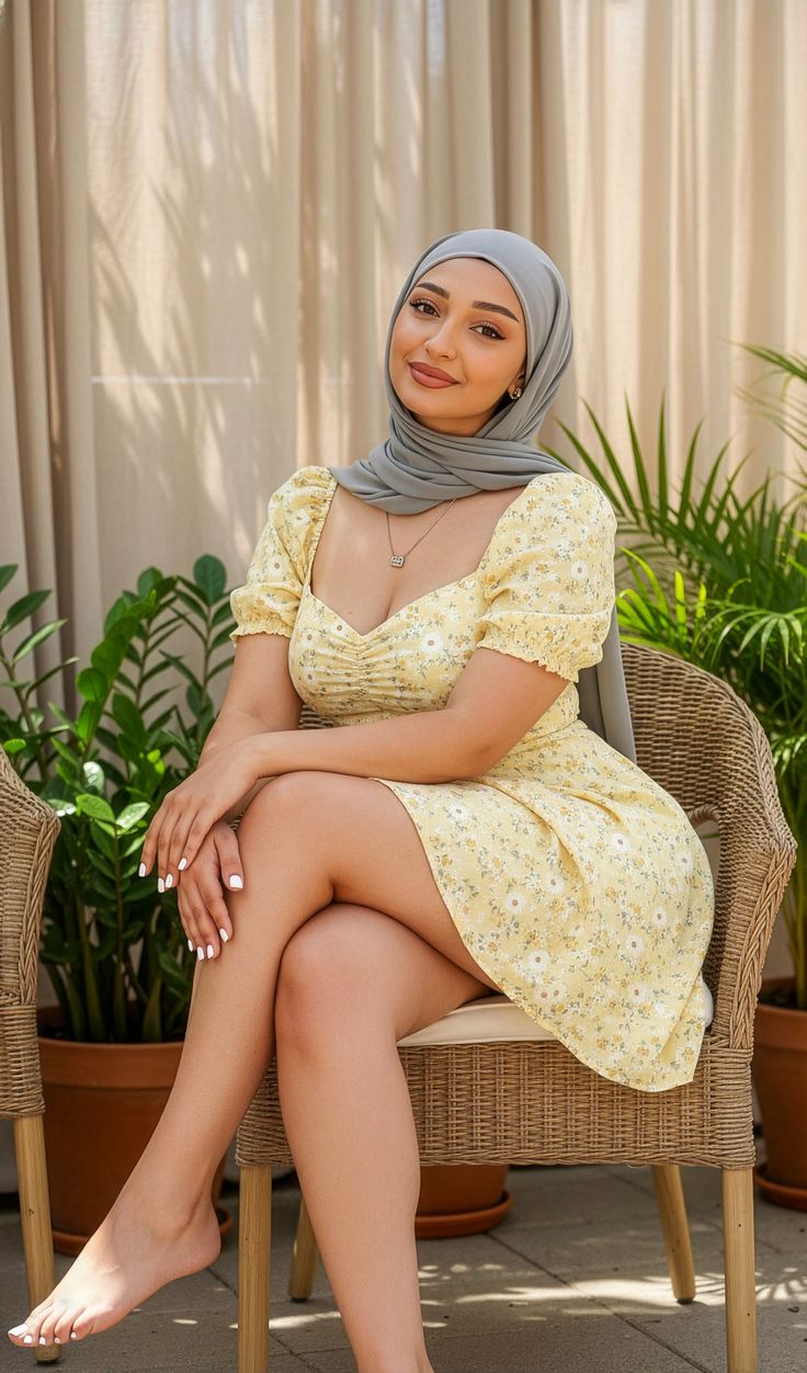 Portrait with a gray headscarf and yellow dress outdoors.