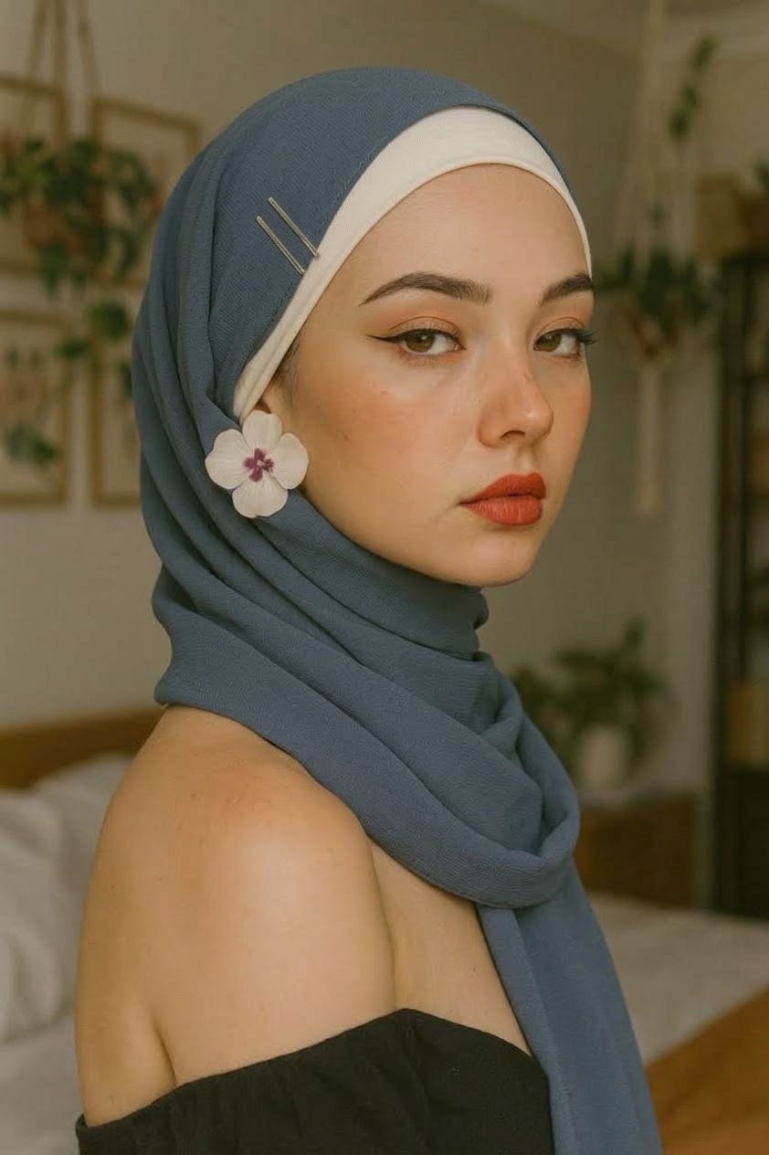 Portrait with a green headscarf and floral accessory.