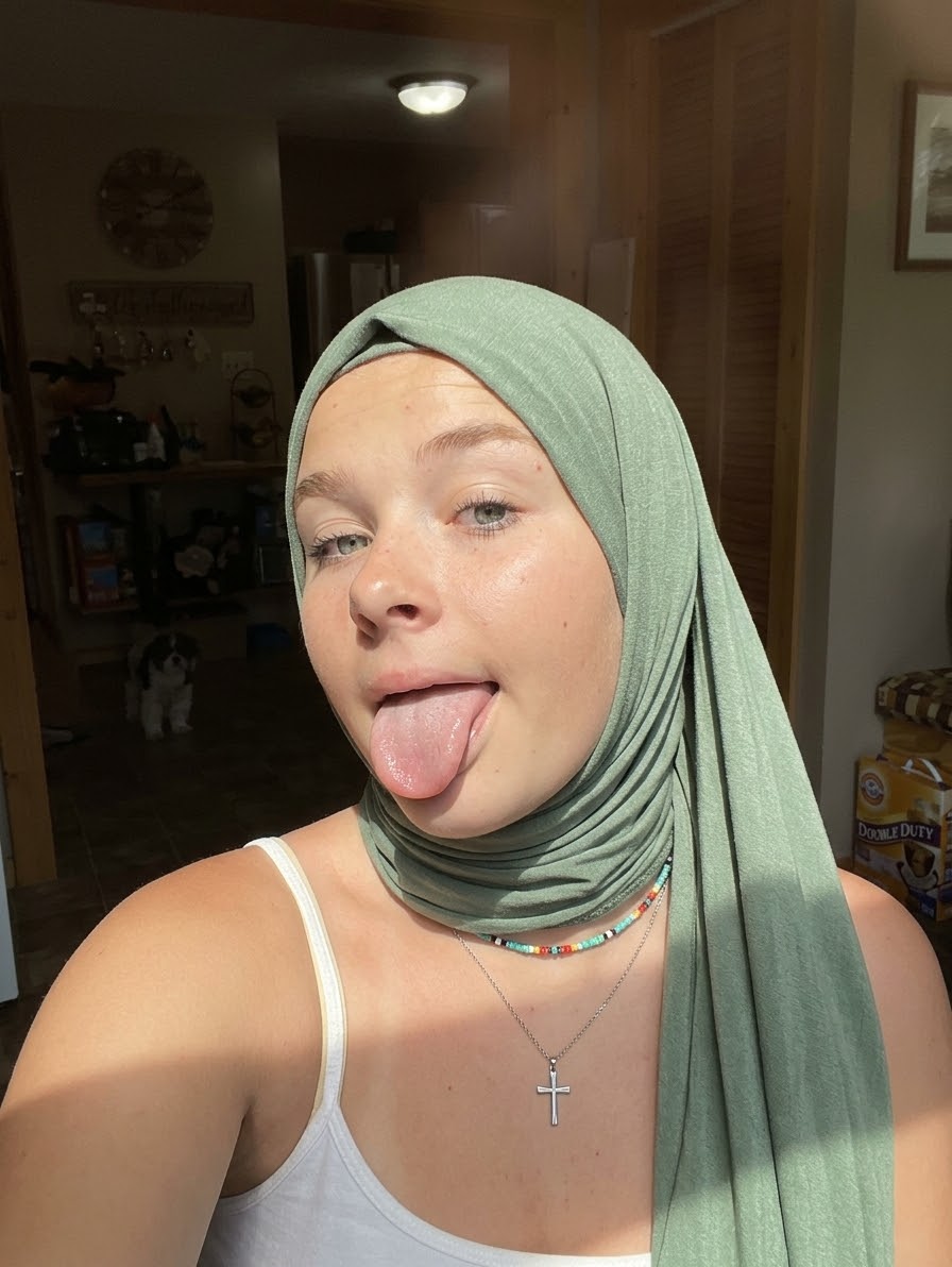 Portrait with a green headscarf and white top.