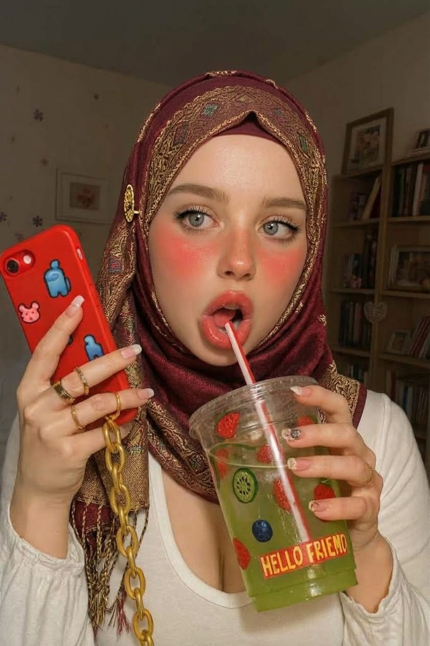 صورة بحجاب منقوش مع مشروب مثلج.