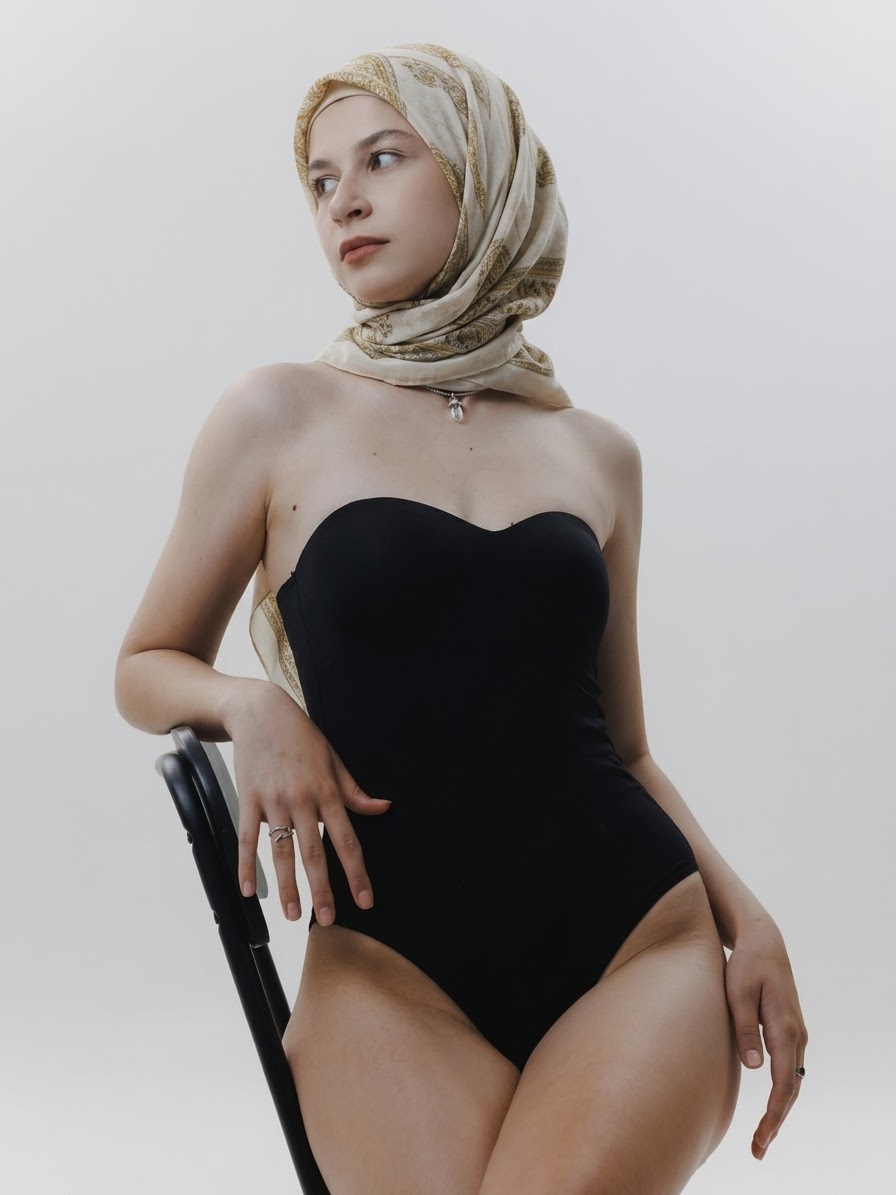 صورة بحجاب منقوش مع زي أسود.