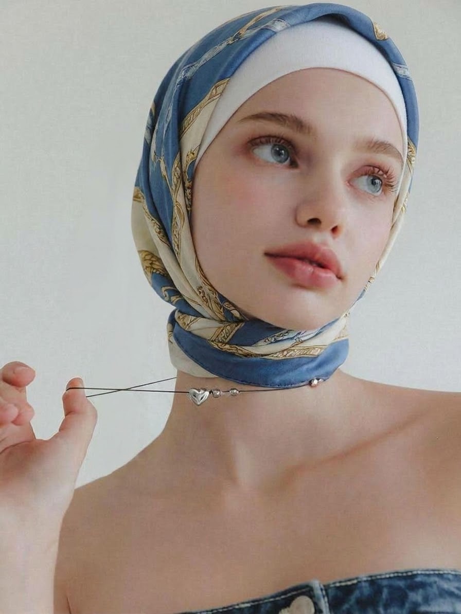 Portrait with a patterned headscarf and blue backdrop.