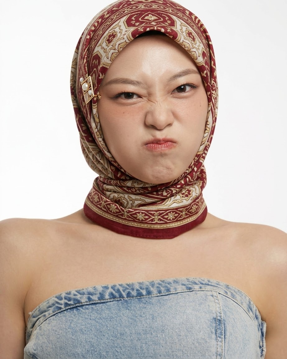 Portrait with a patterned headscarf and blue top.