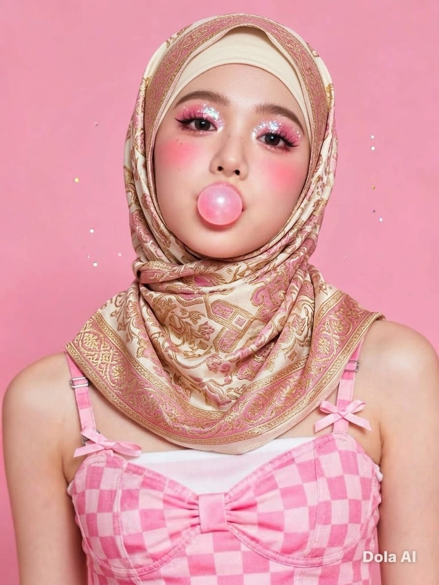 Portrait with a patterned headscarf and pink checked top.