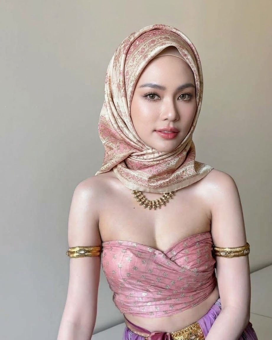 Portrait with a patterned headscarf and pink dress.