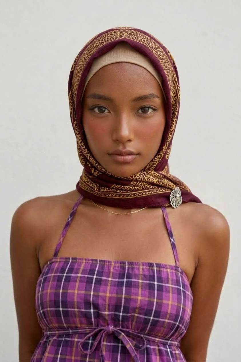 صورة بحجاب منقوش مع بلوزة بنفسجية.