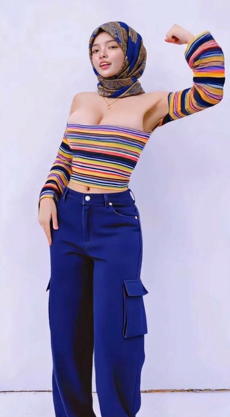 Portrait with a patterned headscarf and striped top.
