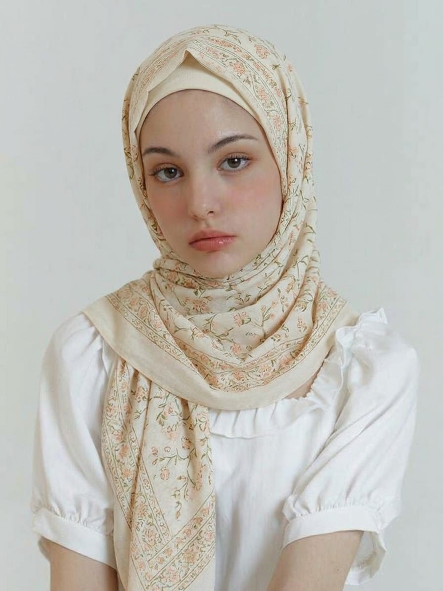 Cream floral hijab draped over a white puff-sleeve blouse against a pale gray background.