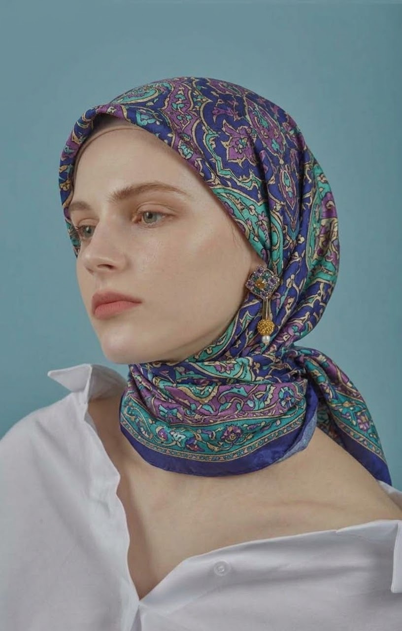 Blue, purple and teal paisley hijab with a white open-collar blouse and sideward gaze.
