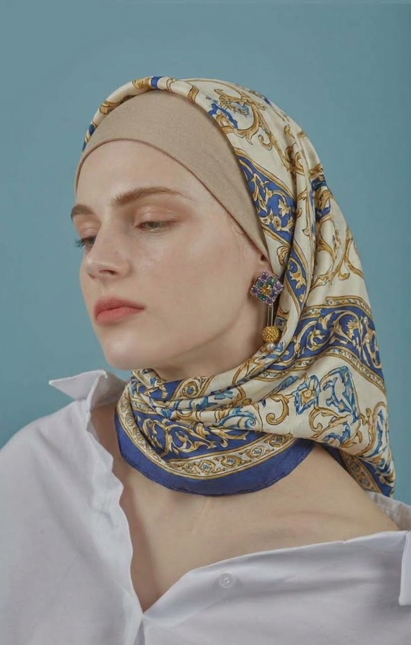 Cream hijab with gold ornamental patterns and navy edging above a white blouse on a teal backdrop.