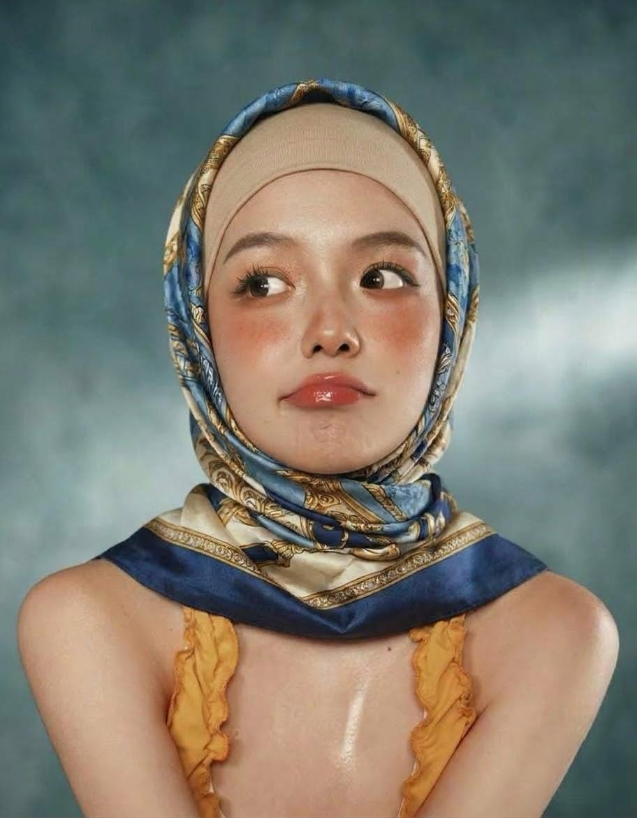 Blue-and-gold patterned hijab with yellow floral shoulder details against a mottled teal backdrop.