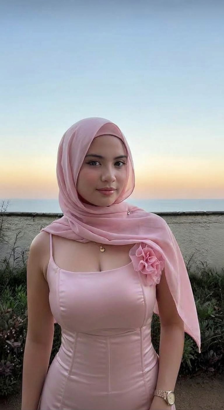 Pink hijab draped over one shoulder with a rose-detail pink dress beside the beach at sunset.