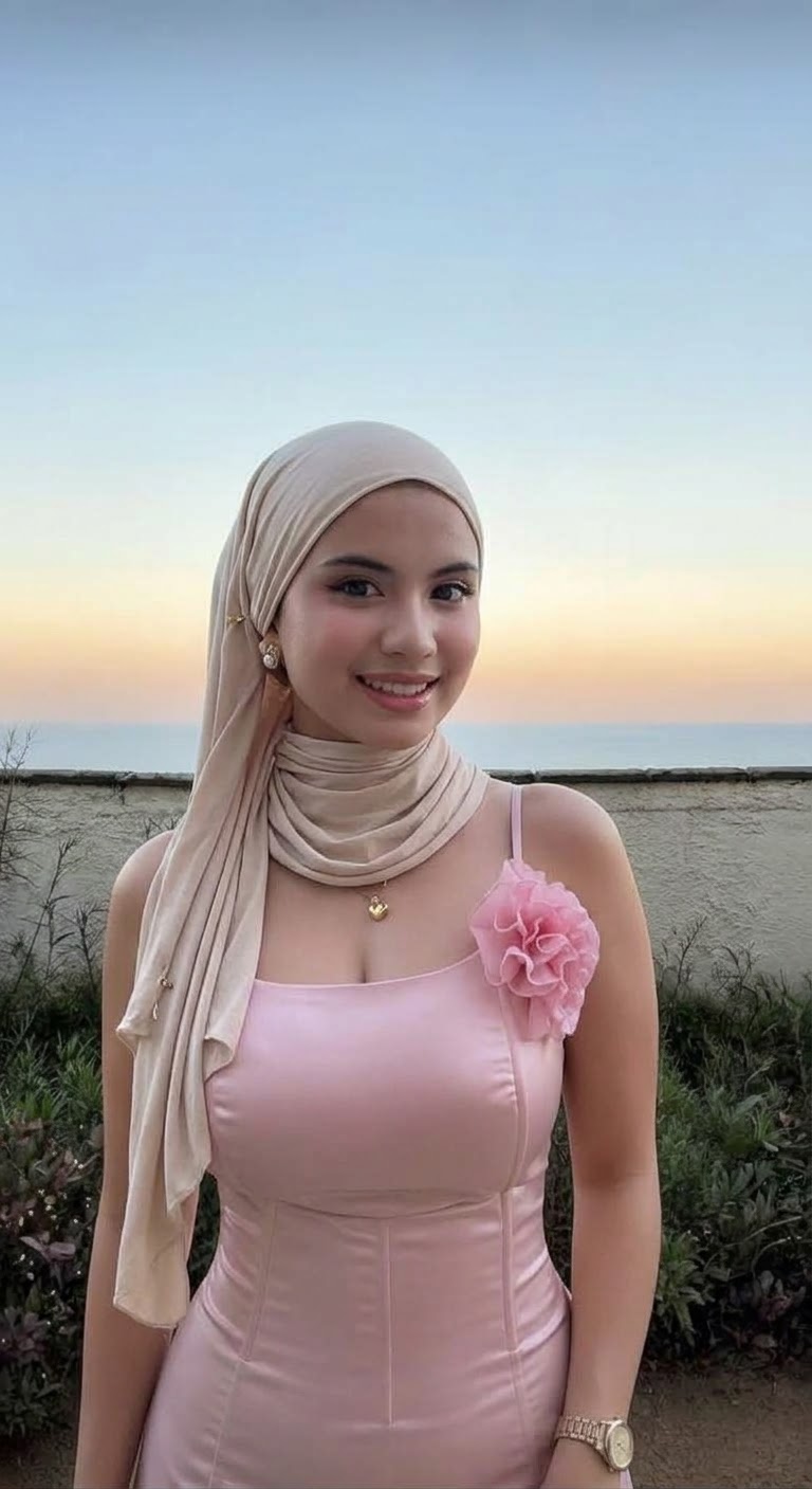 Smiling seaside portrait in a pale blush headscarf and pink dress with a large shoulder flower.