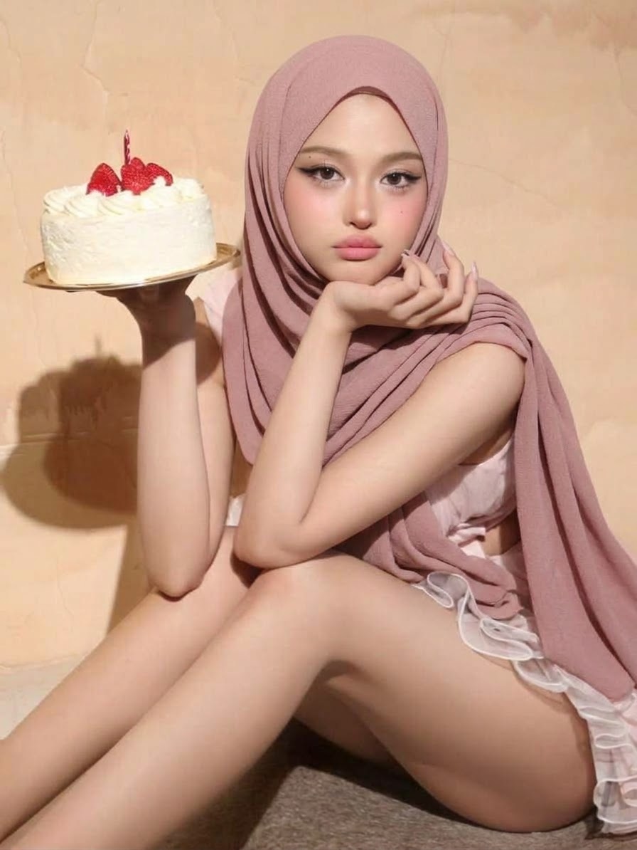 صورة بحجاب وردي مع كعكة عيد ميلاد.