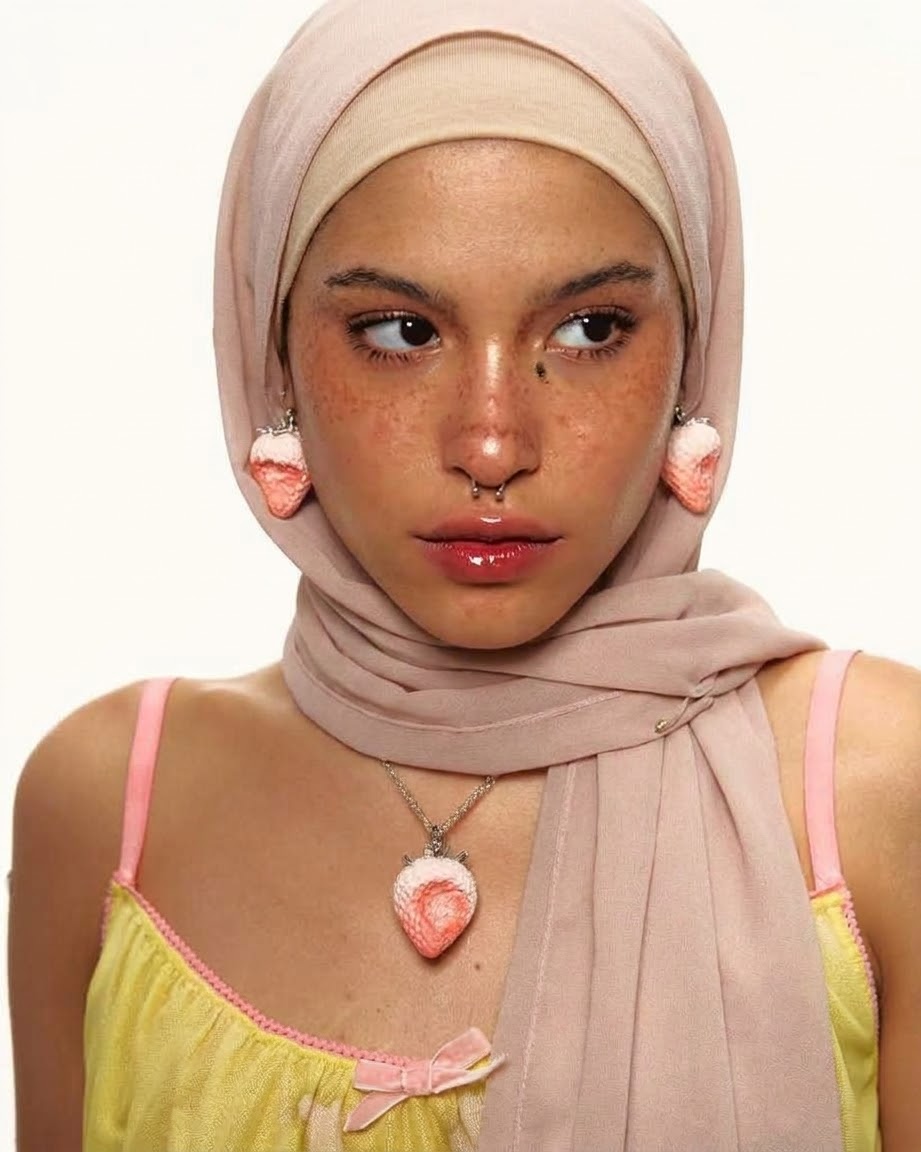 Portrait with a pink headscarf and heart necklace.