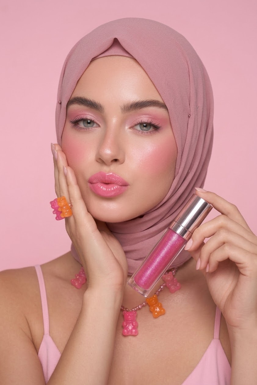 صورة بحجاب وردي مع ملمع شفاه.