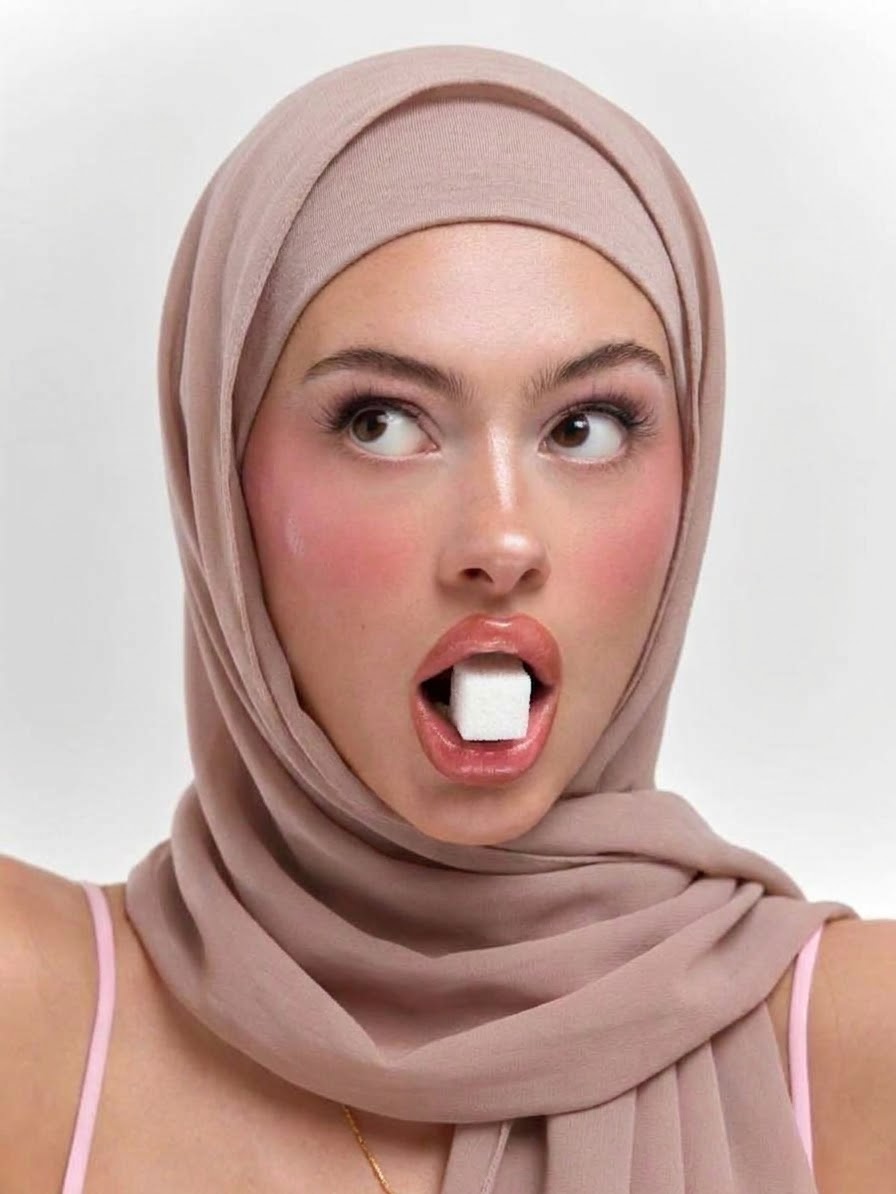 بورتريه بحجاب وردي وخدود وردية ونظرة جانبية ومكعب أبيض صغير بين الشفتين.