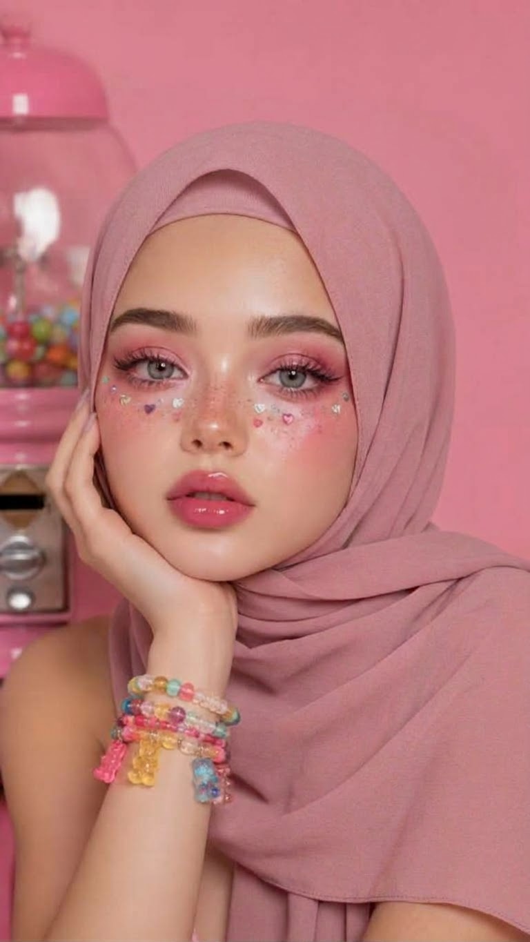 صورة قريبة بحجاب وردي هادئ ومكياج قلوب ونقاط على الخدين مع الوجه على يد وأساور خرز ملونة.