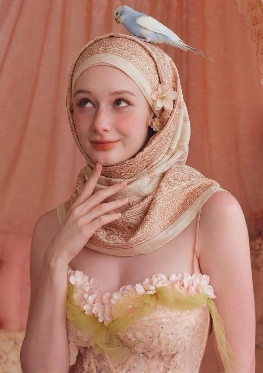 Blush floral hijab and pastel dress with a blue bird perched on the head and a hand beneath the chin.