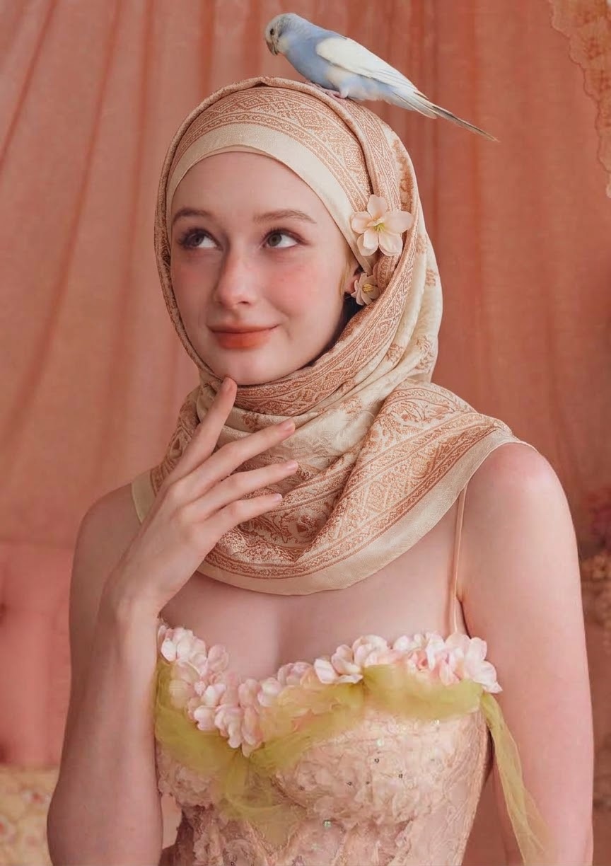 Pink-and-yellow floral dress bodice with a blush scarf, blue bird and peach curtain background.