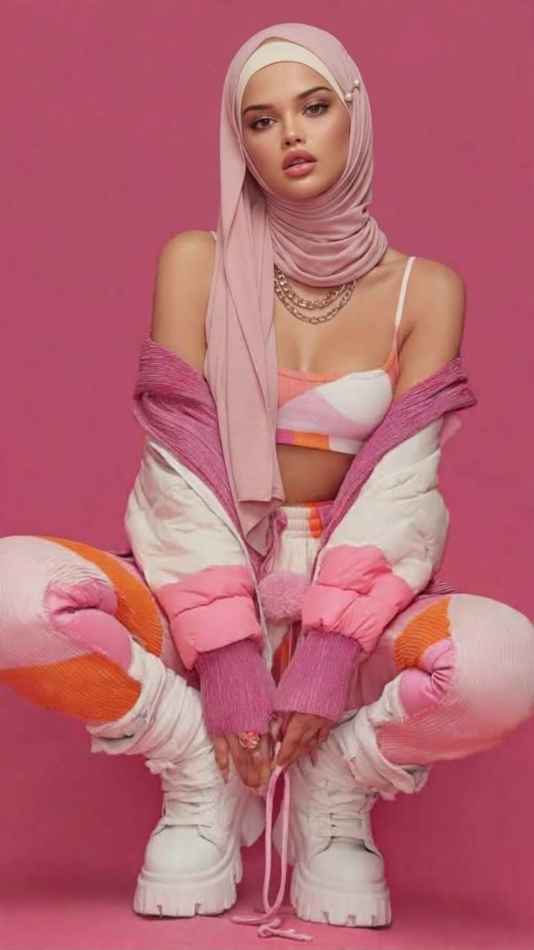 Pink hijab and pink-and-white tracksuit with chunky white sneakers in a crouching pose.