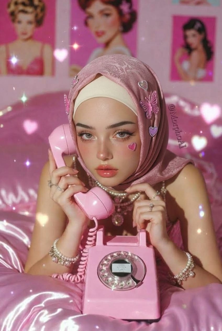 Portrait with a pink headscarf and pink telephone.