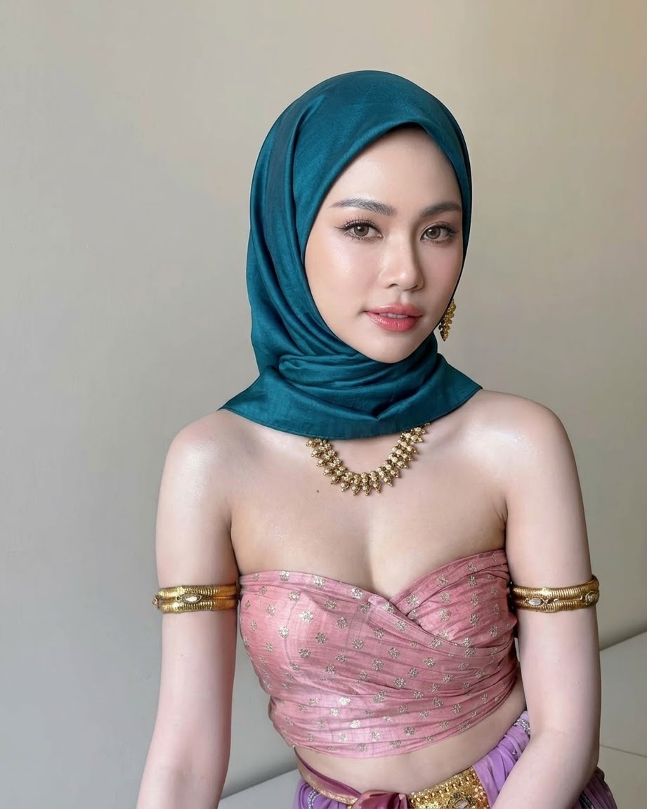 Portrait with a teal headscarf and pink dress.