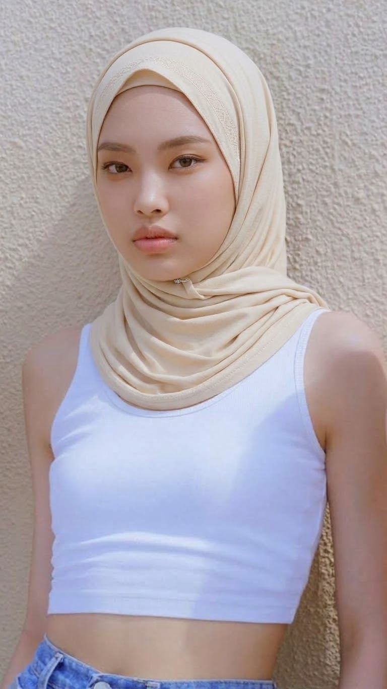 Portrait with a white headscarf and white top.