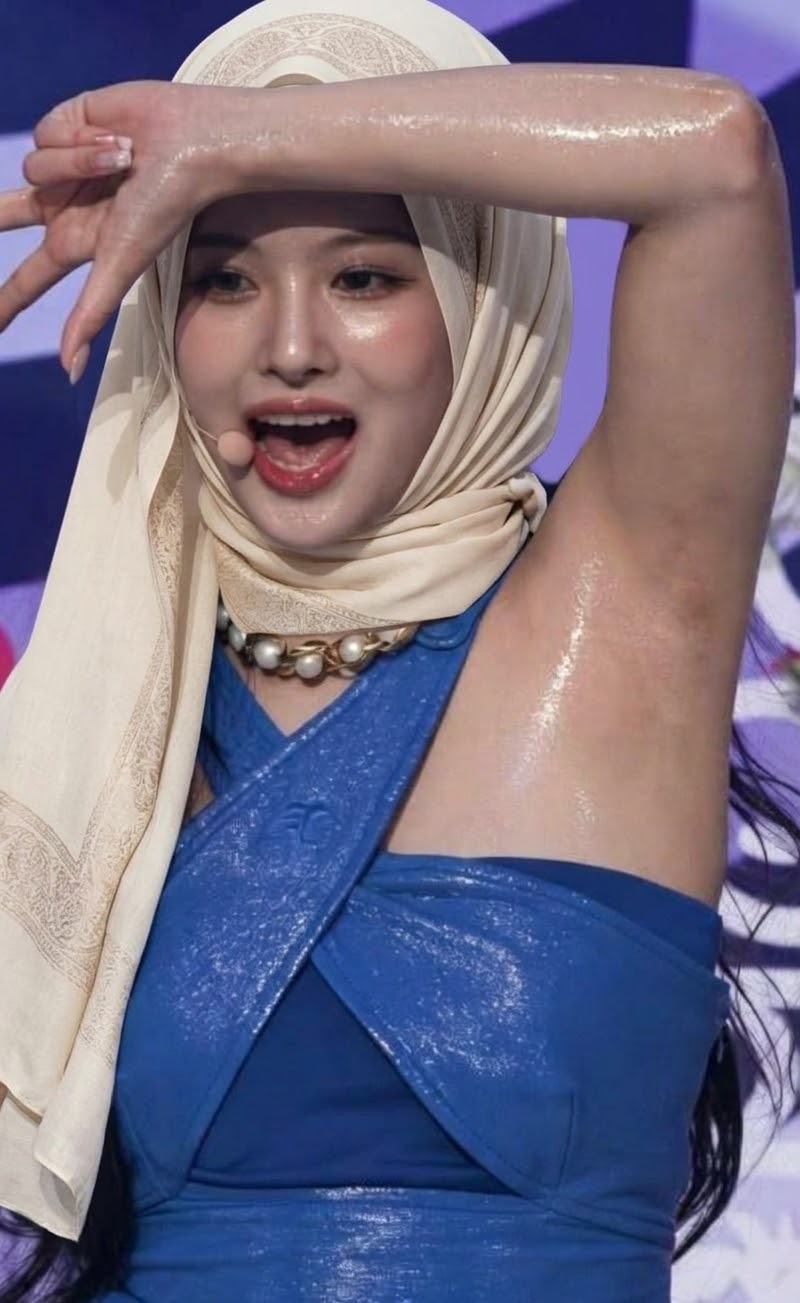 Portrait with a white headscarf and blue dress.