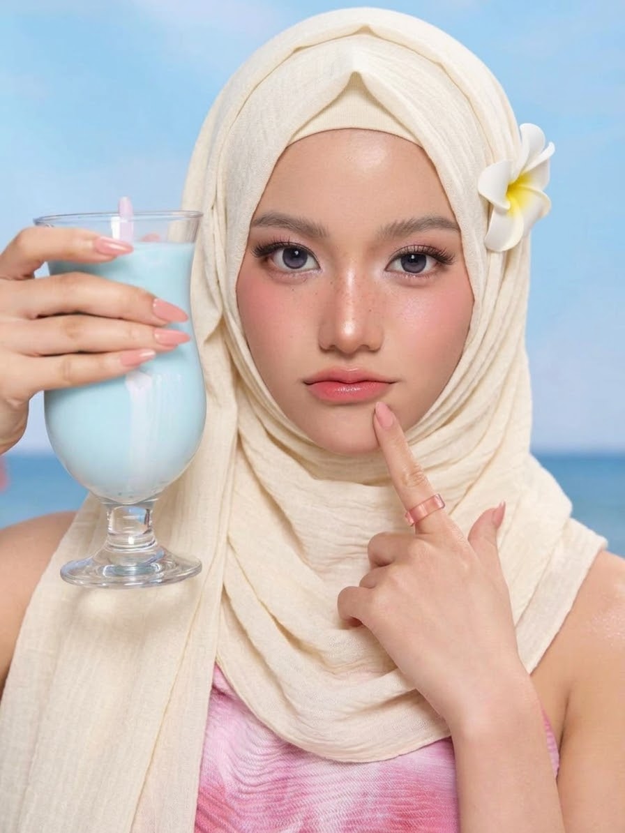 صورة بحجاب أبيض مع مشروب أزرق.