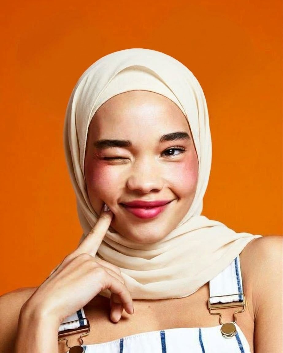صورة بحجاب أبيض مع خلفية برتقالية.