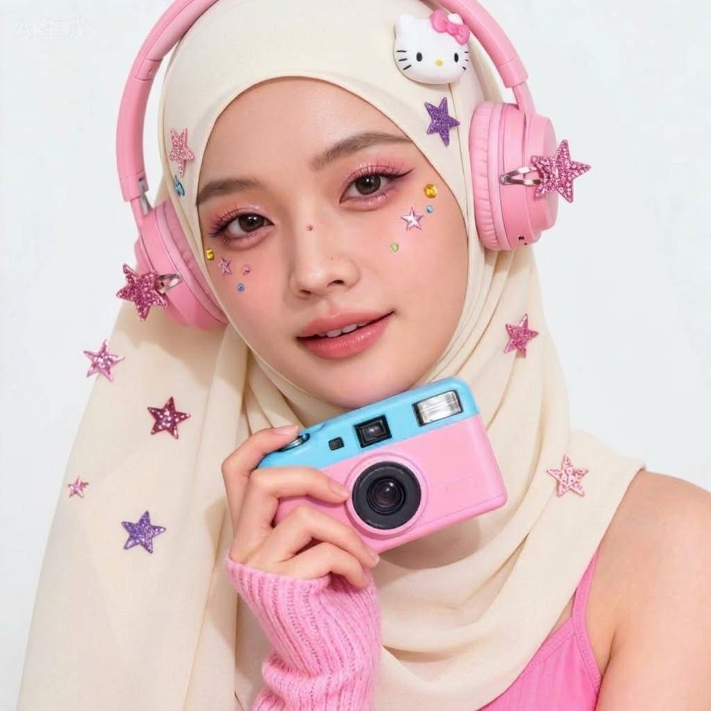 Portrait with a white headscarf and pink headphones.