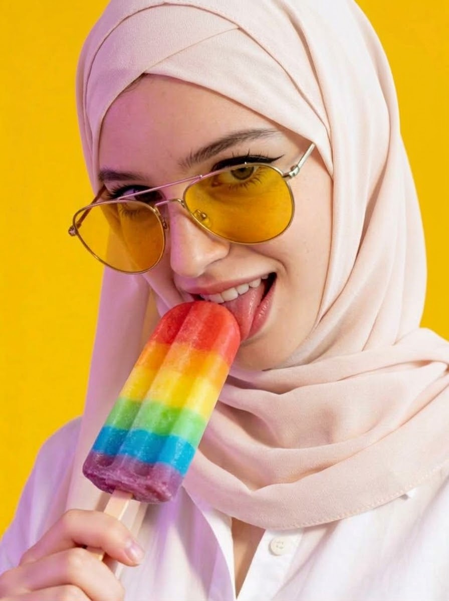 صورة بحجاب أبيض مع مثلجات بألوان قوس قزح.